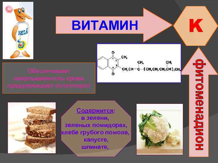 ВИТАМИН Обеспечивает свертываемость крови, предупреждает остеопороз Содержится: в зелени, зеленых помидорах, хлебе грубого помола,