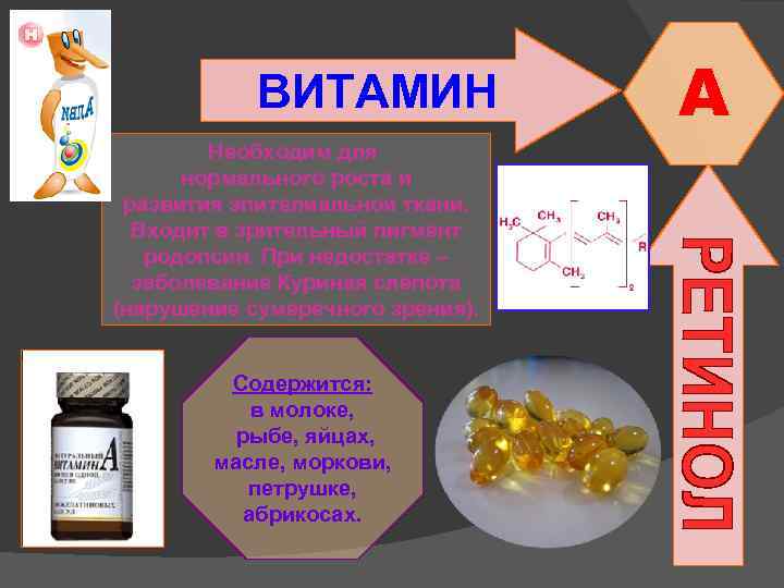 ВИТАМИН Необходим для нормального роста и развития эпителиальной ткани. Входит в зрительный пигмент родопсин.