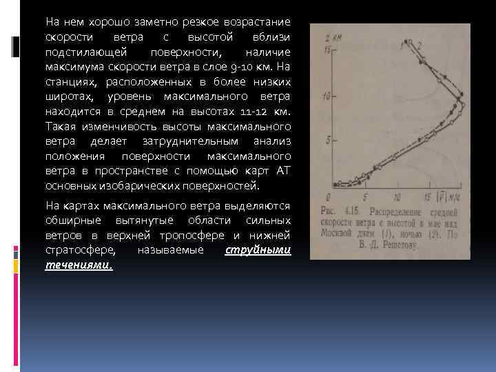 На нем хорошо заметно резкое возрастание скорости ветра с высотой вблизи подстилающей поверхности, наличие
