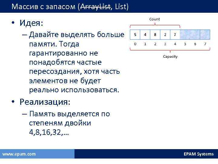 Массив с запасом (Array. List, List) • Идея: – Давайте выделять больше памяти. Тогда