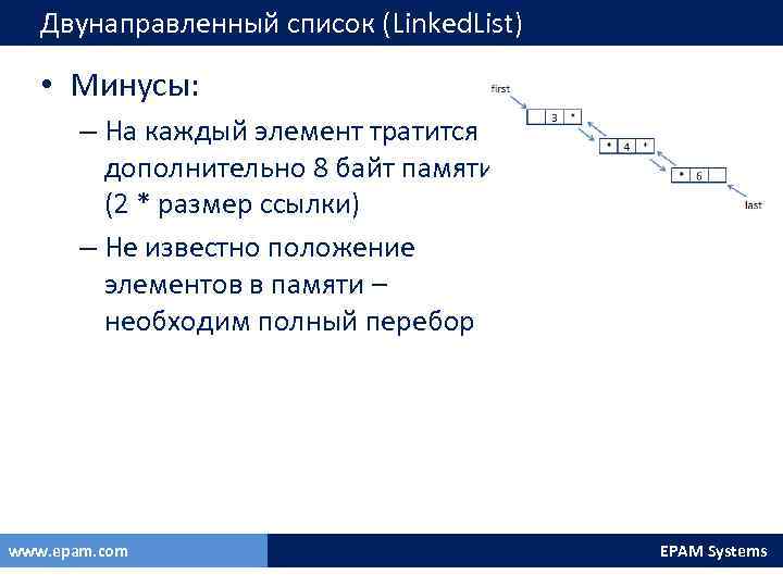 Двунаправленный список (Linked. List) • Минусы: – На каждый элемент тратится дополнительно 8 байт