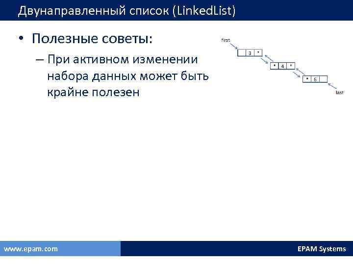 Двунаправленный список (Linked. List) • Полезные советы: – При активном изменении набора данных может