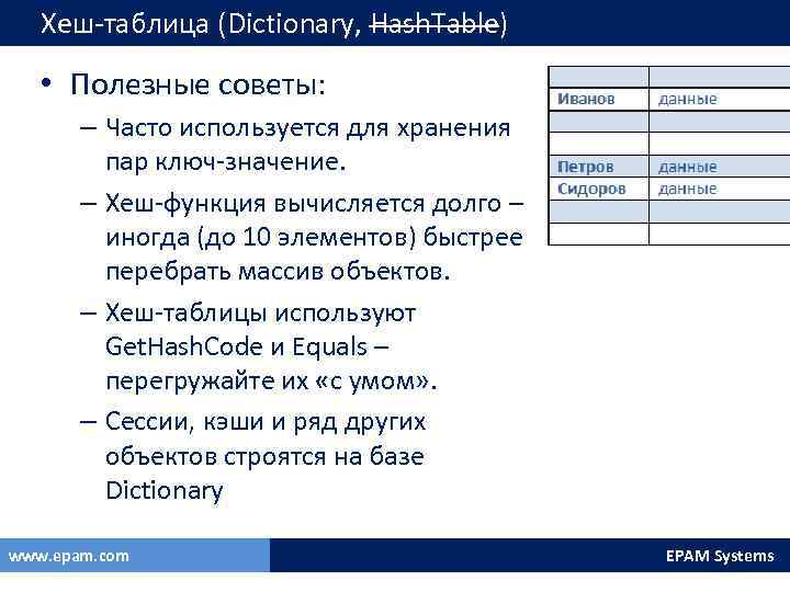 Хеш-таблица (Dictionary, Hash. Table) • Полезные советы: – Часто используется для хранения пар ключ-значение.