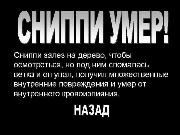 Сниппи залез на дерево, чтобы осмотреться, но под ним сломалась ветка и он упал,