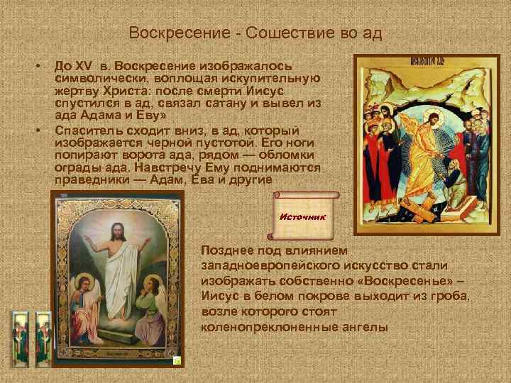 Воскресение - Сошествие во ад • • До XV в. Воскресение изображалось символически, воплощая
