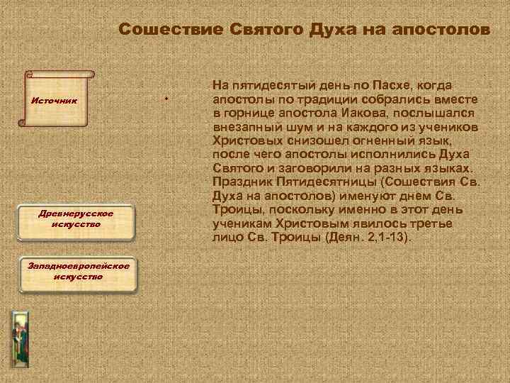 Сошествие Святого Духа на апостолов Источник Древнерусское искусство Западноевропейское искусство • На пятидесятый день
