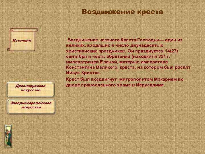 Воздвижение креста Источник Древнерусское искусство Западноевропейское искусство Воздвижение честного Креста Господня— один из великих,