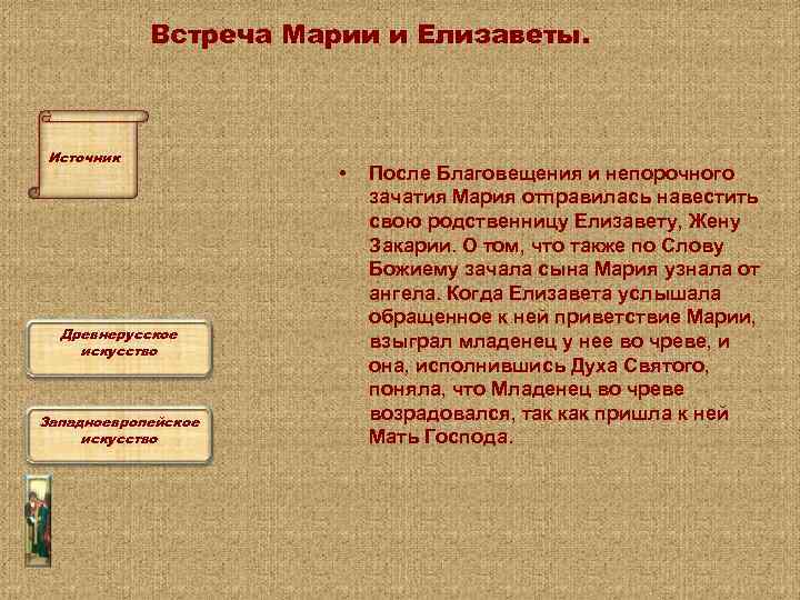 Встреча Марии и Елизаветы. Источник Древнерусское искусство Западноевропейское искусство • После Благовещения и непорочного