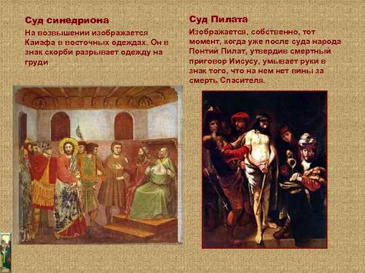Суд синедриона Суд Пилата На возвышении изображается Каиафа в восточных одеждах. Он в знак