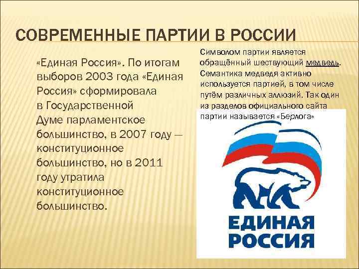 Таблица политические партии Единая Россия. Современные политические партии.