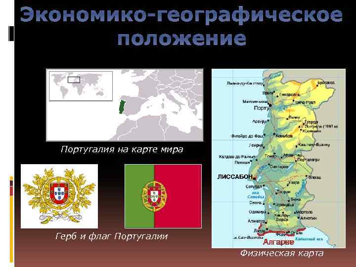 Экономико-географическое положение Португалия на карте мира Герб и флаг Португалии Физическая карта 