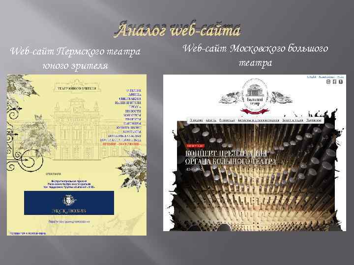 Аналог web-сайта Web-сайт Пермского театра юного зрителя Web-сайт Московского большого театра 