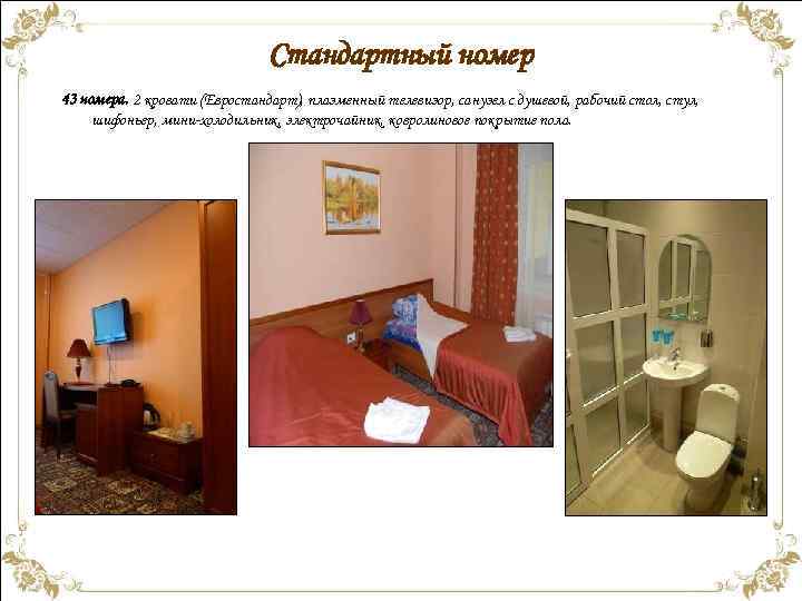 Стандартный номер 43 номера. 2 кровати (Евростандарт), плазменный телевизор, санузел с душевой, рабочий стол,