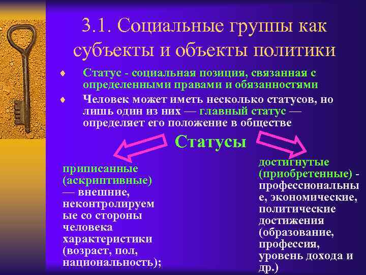 3. 1. Социальные группы как субъекты и объекты политики ¨ ¨ Статус - социальная