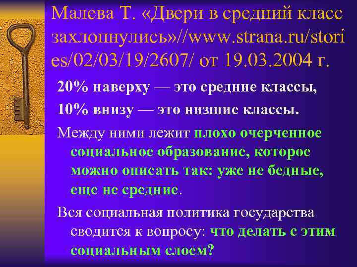 Малева Т. «Двери в средний класс захлопнулись» //www. strana. ru/stori es/02/03/19/2607/ от 19. 03.