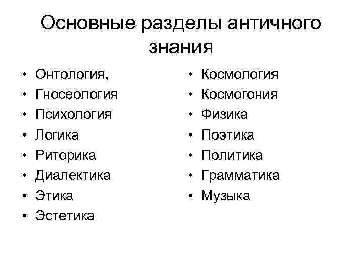 Основные разделы античного знания • • Онтология, Гносеология Психология Логика Риторика Диалектика Эстетика •