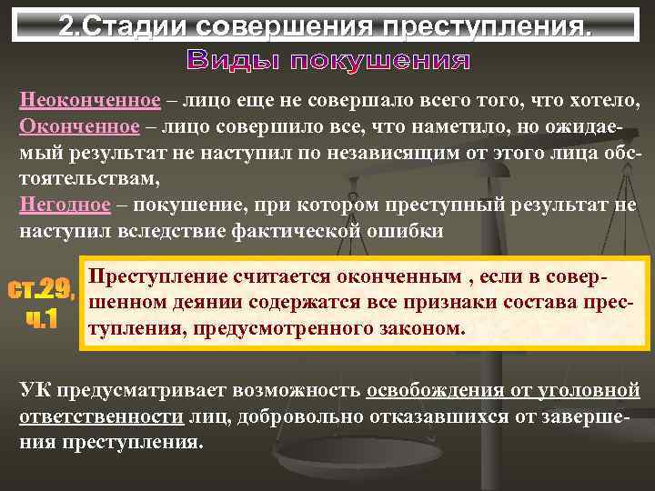 2. Стадии совершения преступления. Неоконченное – лицо еще не совершало всего того, что хотело,