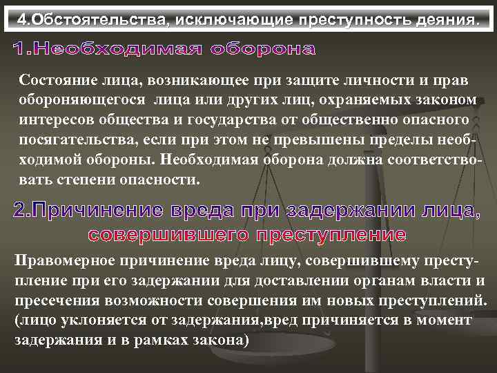 4. Обстоятельства, исключающие преступность деяния. Состояние лица, возникающее при защите личности и прав обороняющегося