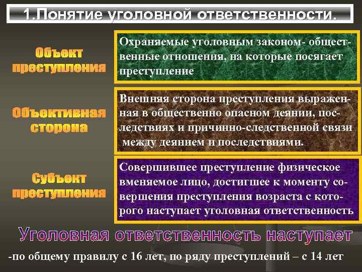 1. Понятие уголовной ответственности. Охраняемые уголовным законом- общественные отношения, на которые посягает преступление Внешняя