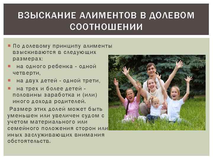 ВЗЫСКАНИЕ АЛИМЕНТОВ В ДОЛЕВОМ СООТНОШЕНИИ По долевому принципу алименты взыскиваются в следующих размерах: на