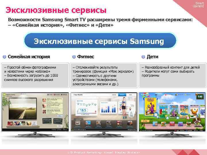 Smart Content Эксклюзивные сервисы Возможности Samsung Smart TV расширены тремя фирменными сервисами: – «Семейная