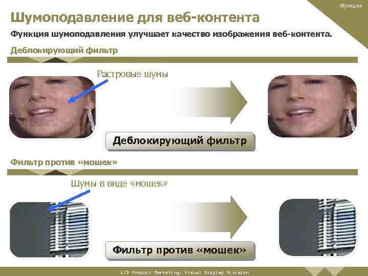 Функции Шумоподавление для веб-контента Функция шумоподавления улучшает качество изображения веб-контента. Деблокирующий фильтр Растровые шумы