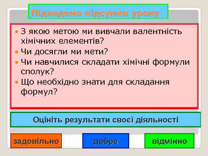 Підведемо підсумки уроку З якою метою ми вивчали валентність хімічних елементів? Чи досягли ми