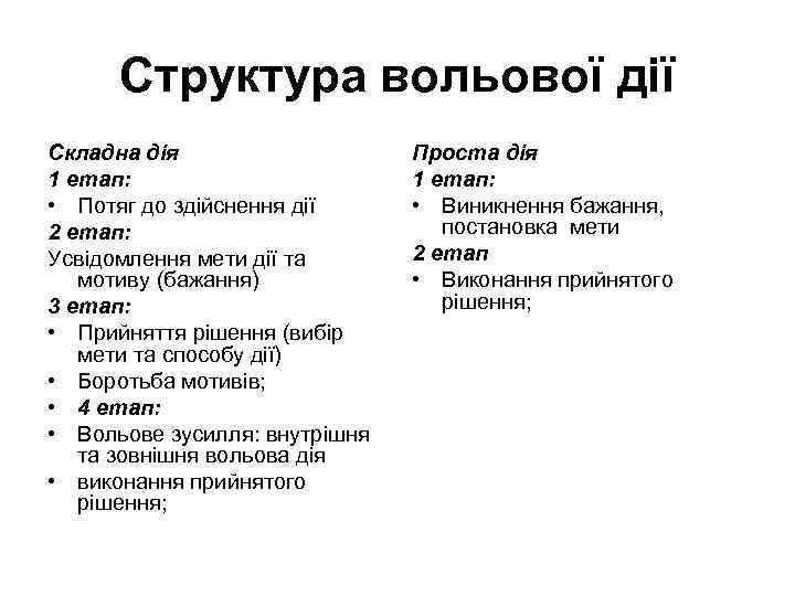 Структура вольової дії Складна дія 1 етап: • Потяг до здійснення дії 2 етап: