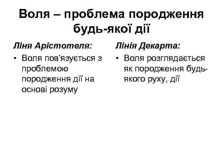 Воля – проблема породження будь-якої дії Ліня Арістотеля: • Воля пов’язується з проблемою породження