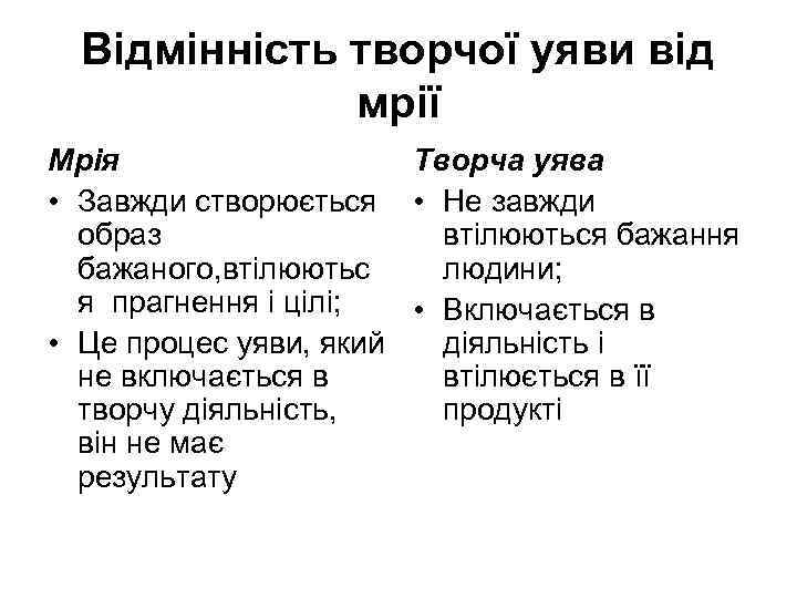 Відмінність творчої уяви від мрії Мрія Творча уява • Завжди створюється • Не завжди