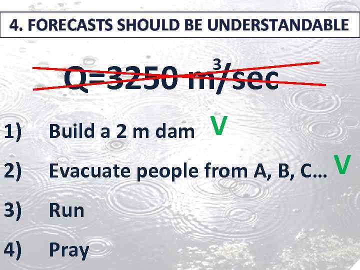 4. FORECASTS SHOULD BE UNDERSTANDABLE 3 Q=3250 m/sec V 1) Build a 2 m