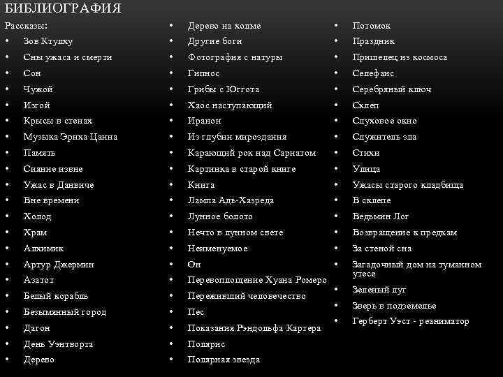 БИБЛИОГРАФИЯ Рассказы: • Дерево на холме • Потомок • Зов Ктулху • Другие боги