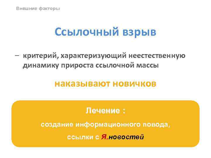 Внешние факторы Ссылочный взрыв – критерий, характеризующий неестественную динамику прироста ссылочной массы наказывают новичков