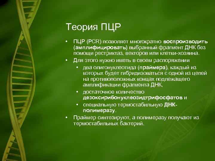 Теория ПЦР • • • ПЦР (PCR) позволяет многократно воспроизводить (амплифицировать) выбранный фрагмент ДНК