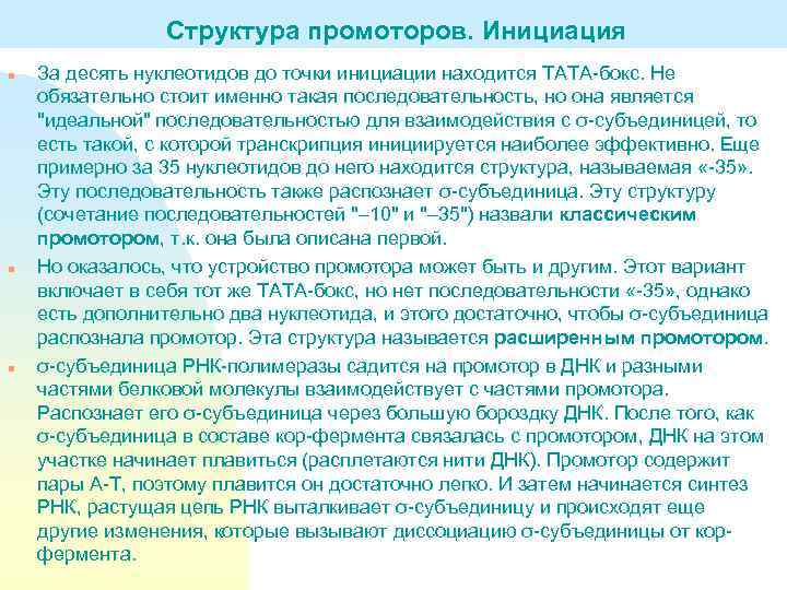 Структура промоторов. Инициация n n n За десять нуклеотидов до точки инициации находится ТАТА-бокс.