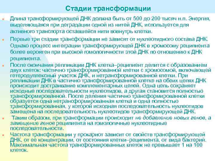  n n n Стадии трансформации Длина трансформирующей ДНК должна быть от 500 до