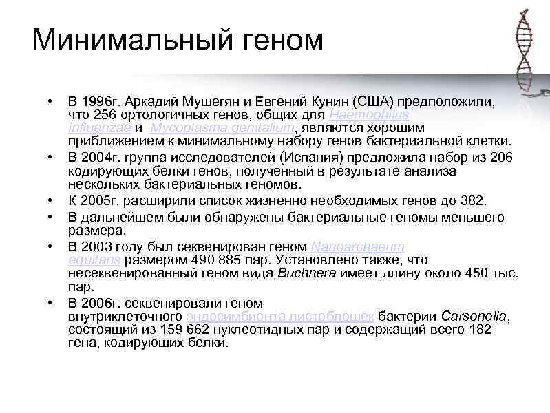 Минимальный геном • • • В 1996 г. Аркадий Мушегян и Евгений Кунин (США)