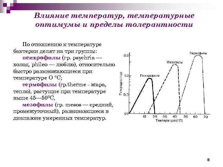 Влияние температур, температурные оптимумы и пределы толерантности По отношению к температуре бактерии делят на