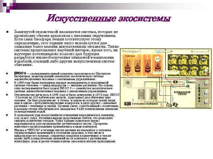 Искусственные экосистемы n Замкнутой экосистемой называется система, которая не производит обмена веществом с внешним