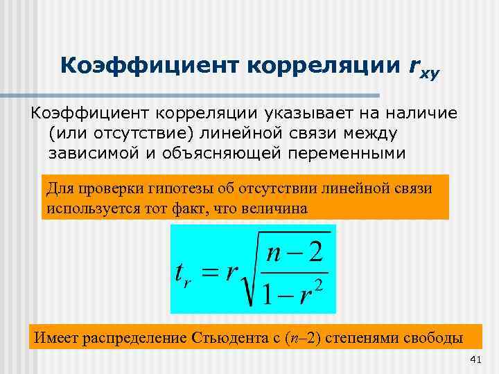 Коэффициент корреляции rxy Коэффициент корреляции указывает на наличие (или отсутствие) линейной связи между зависимой