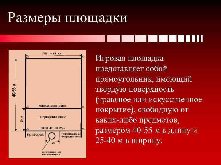 Размеры площадки Игровая площадка представляет собой прямоугольник, имеющий твердую поверхность (травяное или искусственное покрытие),
