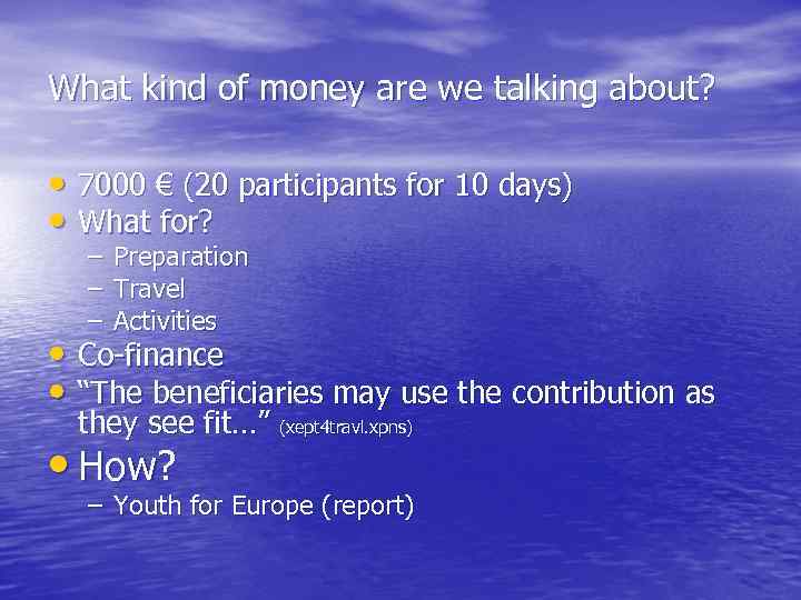 What kind of money are we talking about? • 7000 € (20 participants for