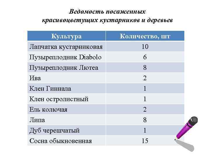 Ведомость посаженных красивоцветущих кустарников и деревьев Культура Лапчатка кустарниковая Пузыреплодник Diabolo Пузыреплодник Лютеа Количество,