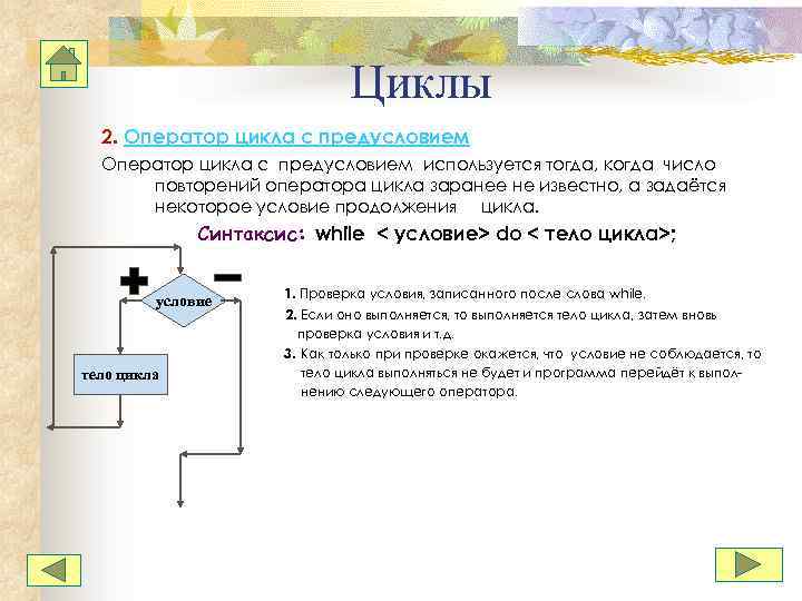 Циклы 2. Оператор цикла с предусловием используется тогда, когда число повторений оператора цикла заранее