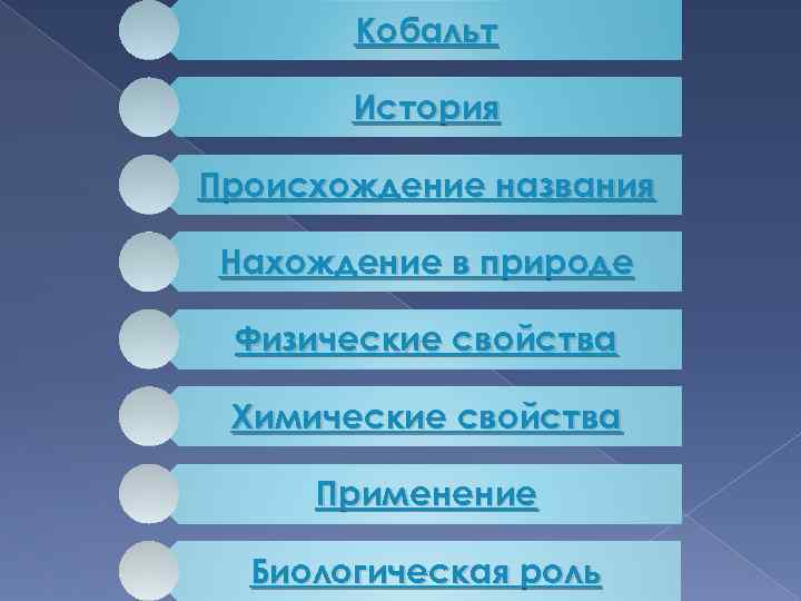 Кобальт История Происхождение названия Нахождение в природе Физические свойства Химические свойства Применение Биологическая роль