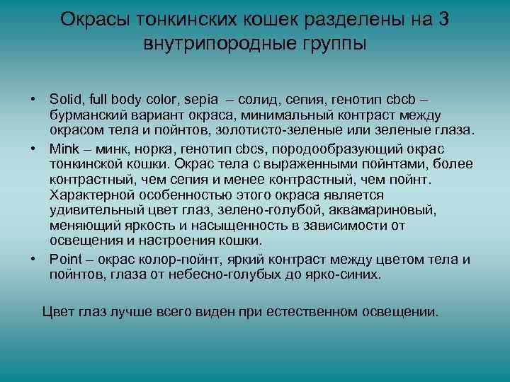 Окрасы тонкинских кошек разделены на 3 внутрипородные группы • Solid, full body color, sepia