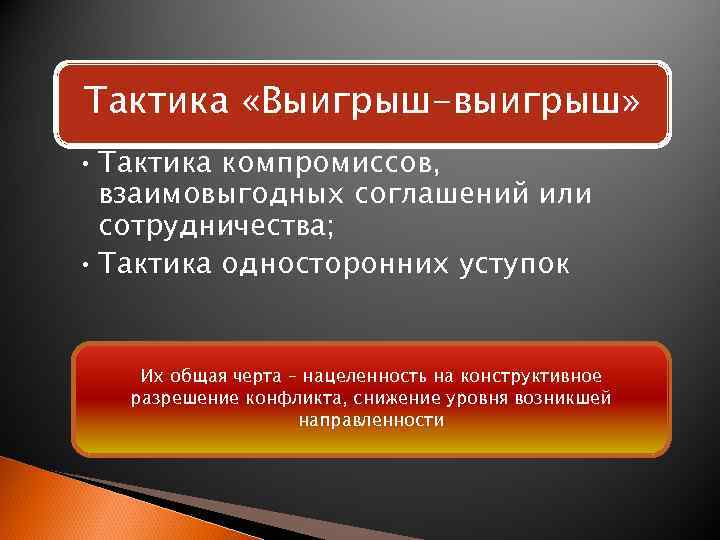 Тактика «Выигрыш-выигрыш» • Тактика компромиссов, взаимовыгодных соглашений или сотрудничества; • Тактика односторонних уступок Их