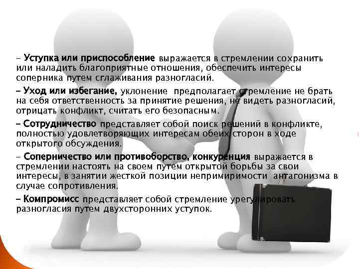 - Уступка или приспособление выражается в стремлении сохранить или наладить благоприятные отношения, обеспечить интересы