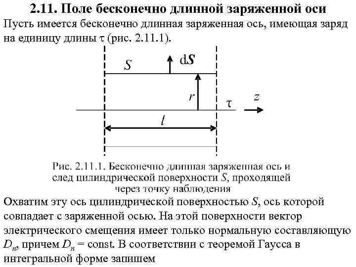 2. 11. Поле бесконечно длинной заряженной оси Пусть имеется бесконечно длинная заряженная ось, имеющая