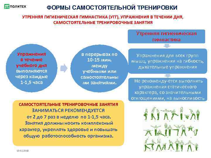 ФОРМЫ САМОСТОЯТЕЛЬНОЙ ТРЕНИРОВКИ УТРЕННЯЯ ГИГИЕНИЧЕСКАЯ ГИМНАСТИКА (УГГ), УПРАЖНЕНИЯ В ТЕЧЕНИИ ДНЯ, САМОСТОЯТЕЛЬНЫЕ ТРЕНИРОВОЧНЫЕ ЗАНЯТИЯ
